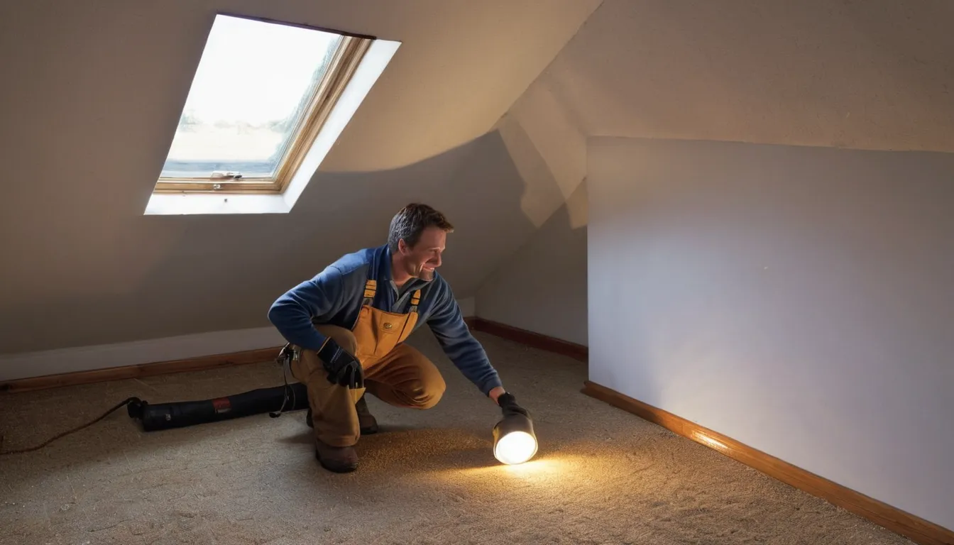 A local pest and wildlife provider inspecting an attic of an older Palmerton home with a flashlight